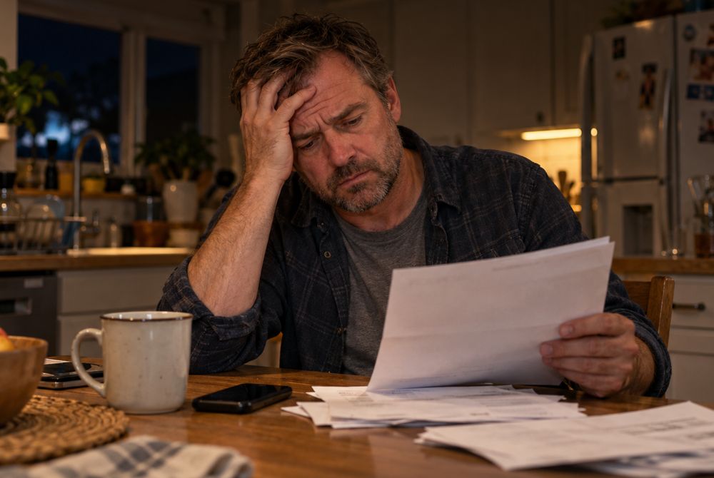 A tired man at his kitchen table reading a bill